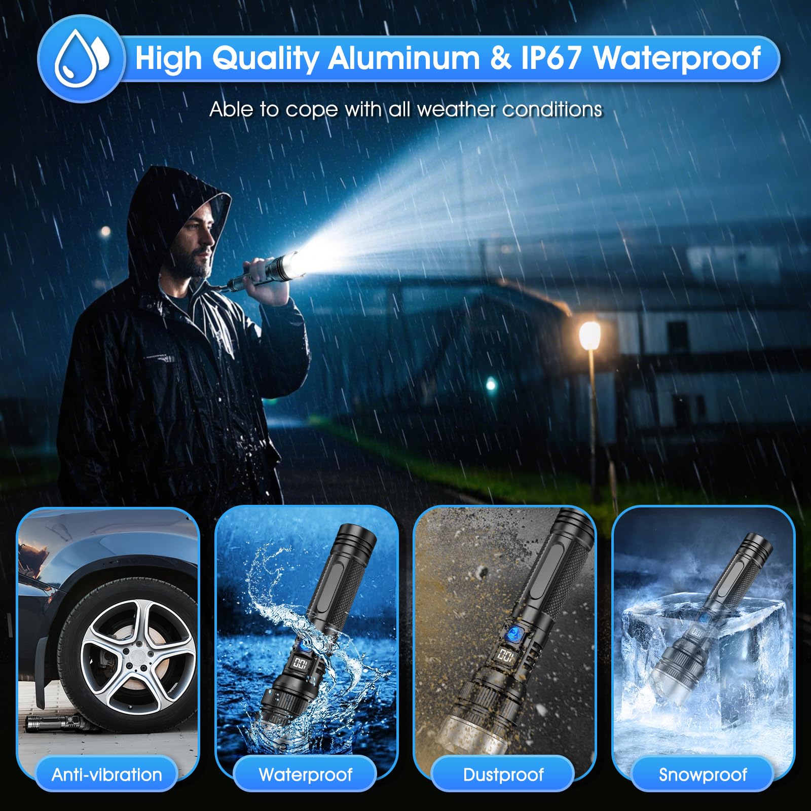 JMNGSHU Flashlight with 10000 Lumens, Type-C Fast Charging & 16-Hour Runtime, 3 Modes, Telescopic Zoom, Waterproof, Compact Handheld Flashlight for Camping, Hiking, Hurricane Prep (2-Pack)