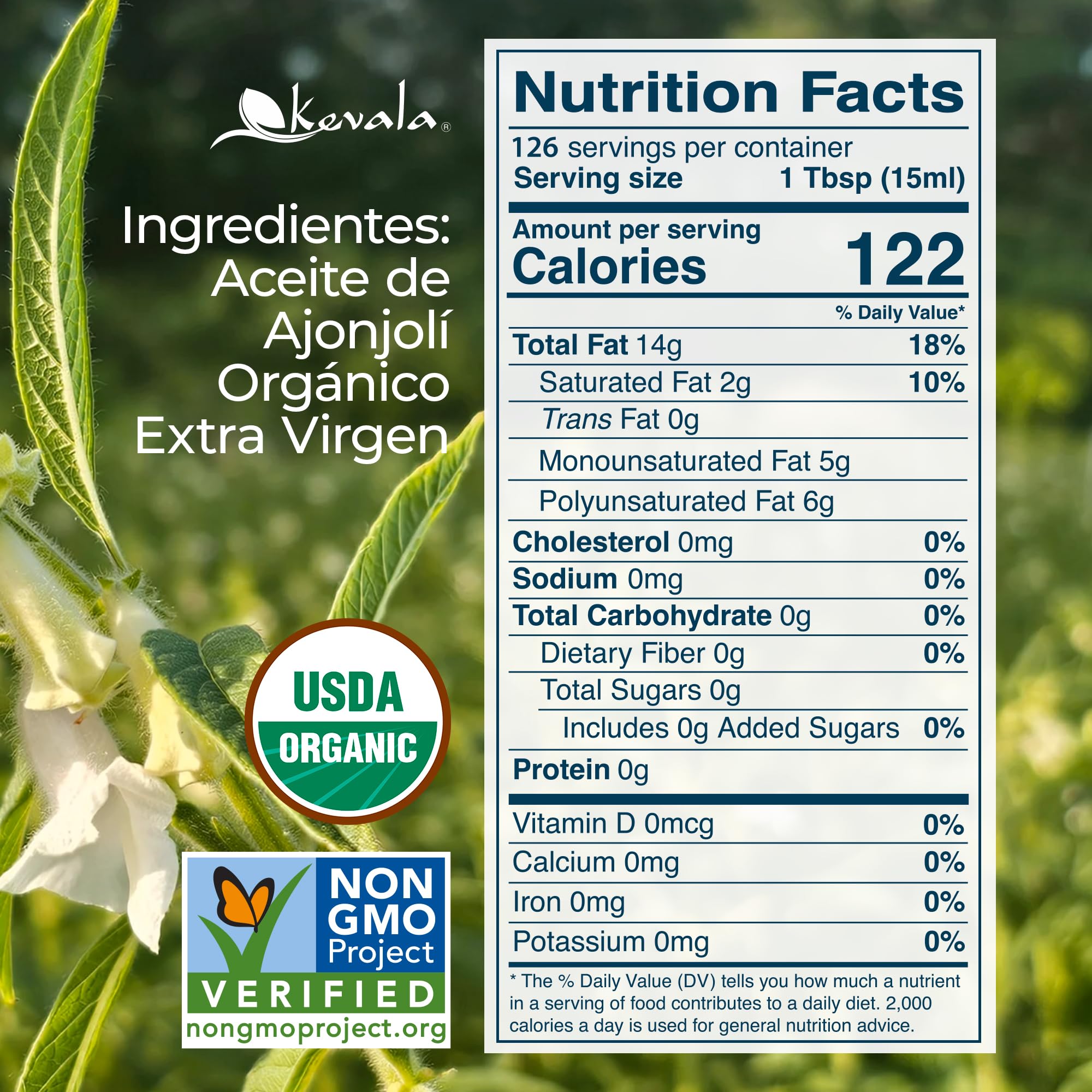 Kevala Organic Extra Virgin Sesame Oil – 64 fl oz, 1/2 gal, Good in Body Care and Hair Care, High Smoke Point Vegetable Oil for Cooking, Frying, and Baking, Made with Organic Sesame Seeds, Kosher