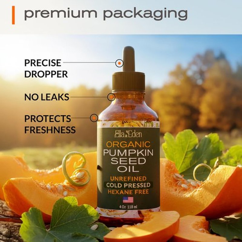 Ella & Eden Organic Pumpkin Seed Oil for Hair Growth - Cold-Pressed Hexane-Free Unrefined - 100% Pure USDA Certified - 4 Fl Oz Glass Bottle