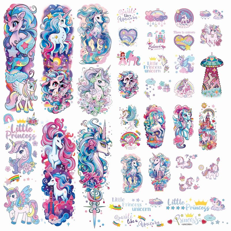 Unicorn Temporary Tattoo for Kids 35pcs Realistic Fake Tattoos, Full Half Arm Sleeve Glitter Tattoo Kit, Waterproof Birthday Party Supplies, Makeup Gifts for Girls Kids (24 Sheets)
