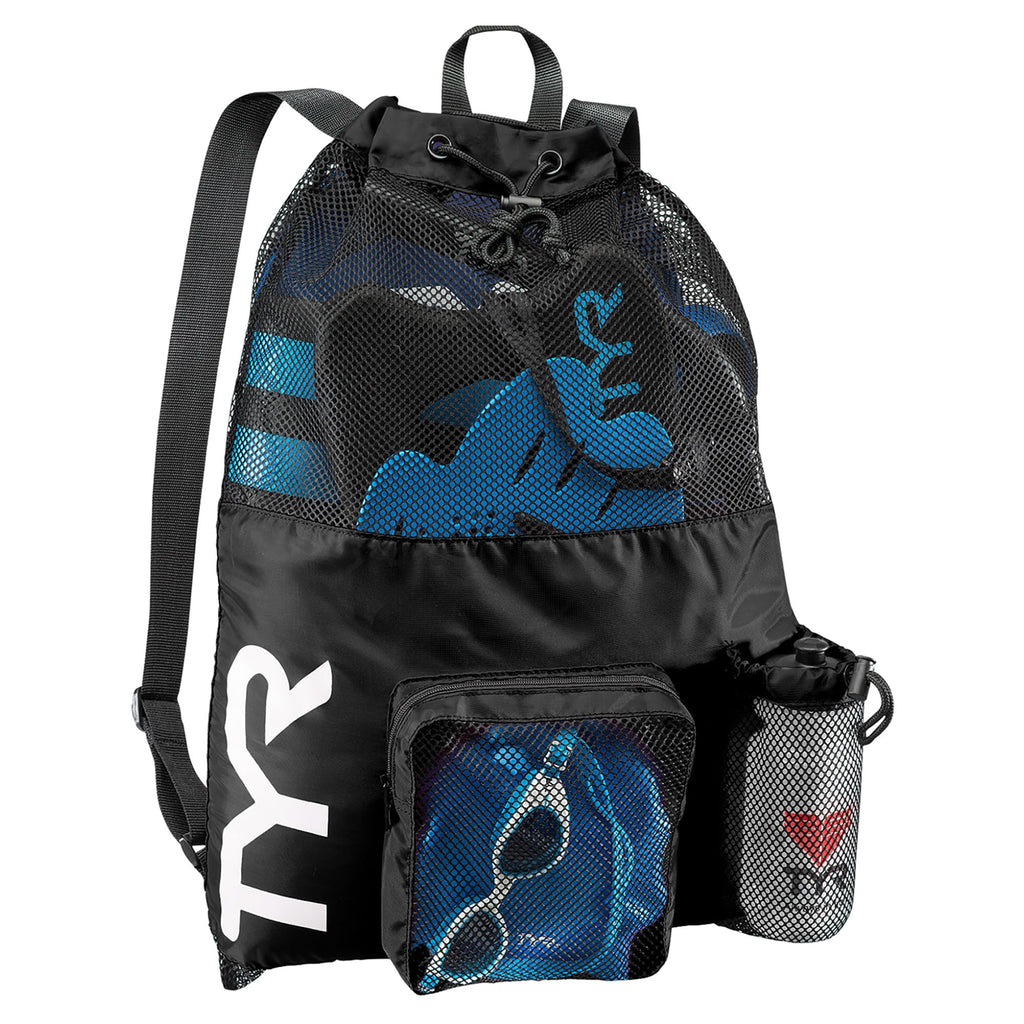 TYR Big Mesh Mummy Backpack for Swim, Gym and Workout Gear, Black, 40-Liter Capacity