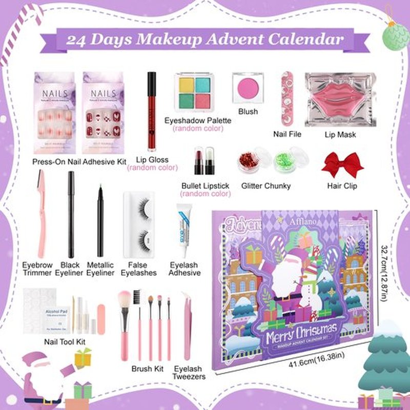 Makeup Advent Calendar 2026 For Teen Girls, Afflano Beauty Advent Calendar 24 Day, Eyeshadow Nail Lipstick Eyeliner Makeup Sets Christmas Gifts For Girls 12-18 Years, Xmas Surprises Gifts For Women