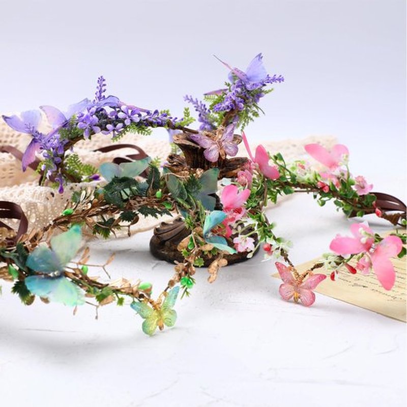 MOSTORY Pink Flower Fairy Crown - Handmade Elf Headpiece Floral Tiara with Butterfly Woodland Circlet for Women Girls Spring Wedding Renaissance Party Cosplay Photo Shoot
