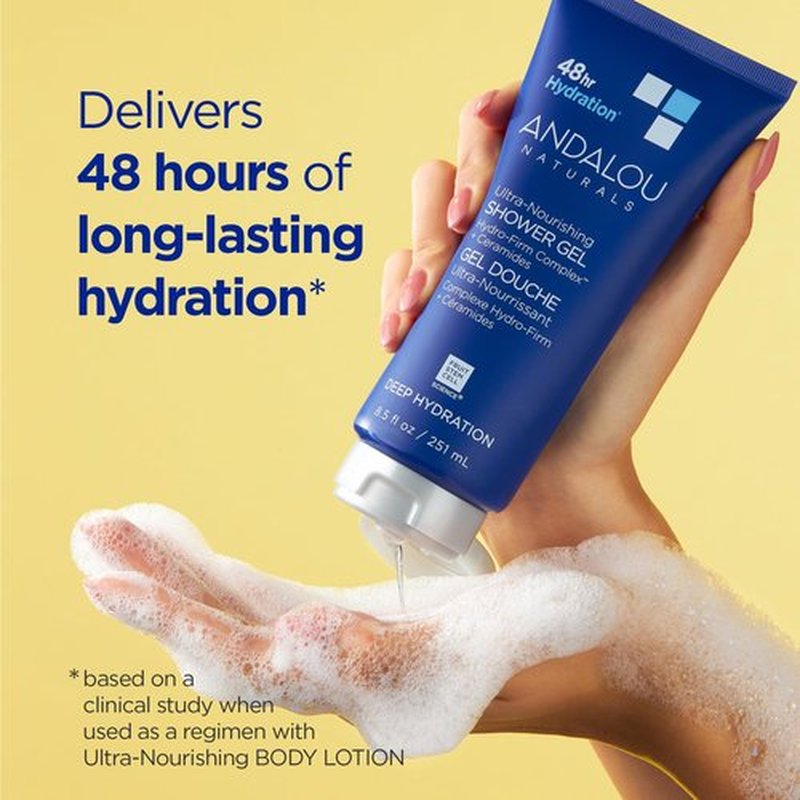Andalou Naturals Body Wash, Deep Hydration Shower Gel, Ultra-Nourishing Skin Care for Dry Skin with Hyaluronic Acid & Ceramides, Gentle Exfoliating Body Wash for Softer, Glowing Skin, 8.5 fl oz