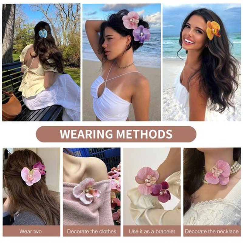Hawaiian Flower Hair Clips, Bohemian Butterfly Orchid Hairpin, Artificial Tropical Phalaenopsis Hair Barrette for Seaside Holiday, Bridal Hair Accessories Pins Headwear for Women Girl（4 inches;7pcs)