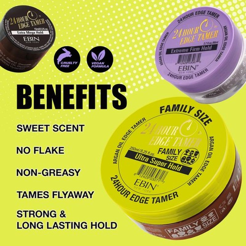 EBIN NEW YORK 24 Hour Edge Tamer Extreme Firm Hold 1.01Fl Oz Strong Edge Control Gel, No Flaking, Sleek Smooth Finish, Long Lasting, Argan & Castor Oil