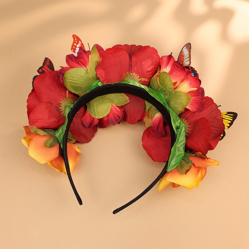 Yheahin Mexican Rose Flower Crown Headband for Women Butterfly Floral Headpiece Day of The Dead Headband Cosplay Party Costume Flower Hair Accessories (Butterfly 2- red, Elastic)
