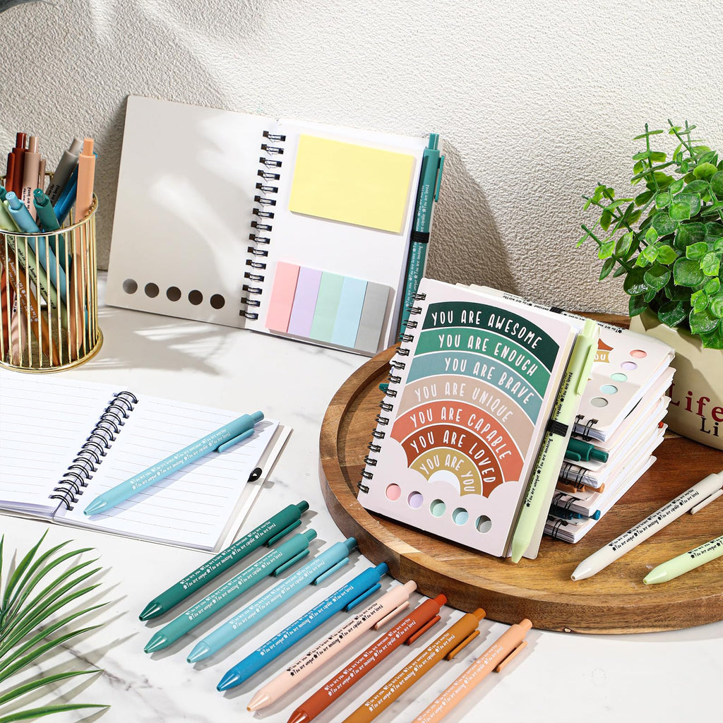 Janlaugh 60 Pcs Mental Health Gifts for Women Men Self Care Items Bulk Include 30 Mental Health Notebooks with Sticky Note 30 Positive Pens Affirmation Journals Wellness Gifts for Coworker Student
