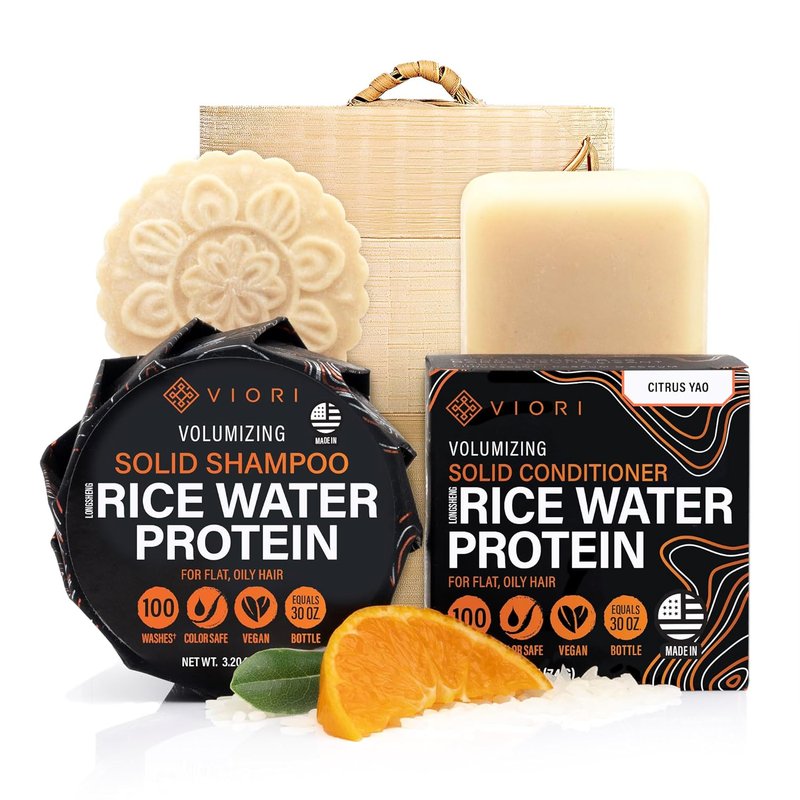 Viori Citrus Yao Shampoo & Conditioner Bar Set | Handcrafted Rice Water Formula for Hair Growth - Bamboo Holder Included