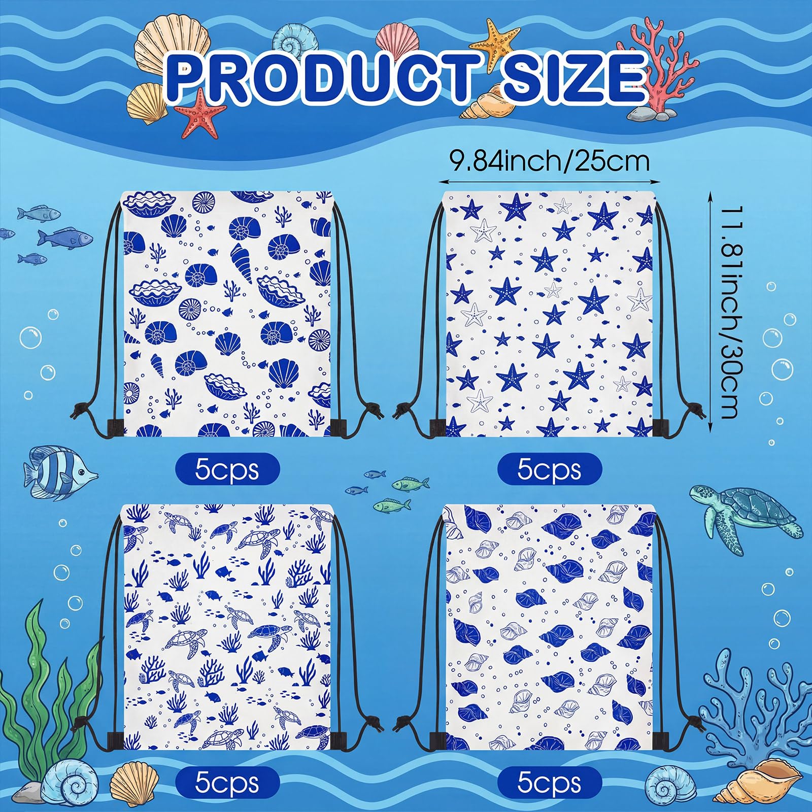 Aliceset 20 Pack Ocean Gift Drawstring Bags Bulk, 12x10 Inch Under The Sea Goodie Gift Backpack, Reusable Summer Beach Sacks for Nautical Birthday Travel Party Favors Supplies
