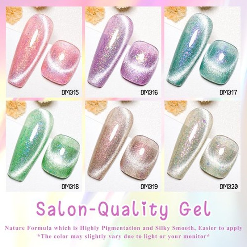 MTSSII Crystal Cat Eye Gel Nail Polish, 6 Colors with Magnet, Glitter Cat Eye Gel Polish Set for Home DIY Manicure Art Design