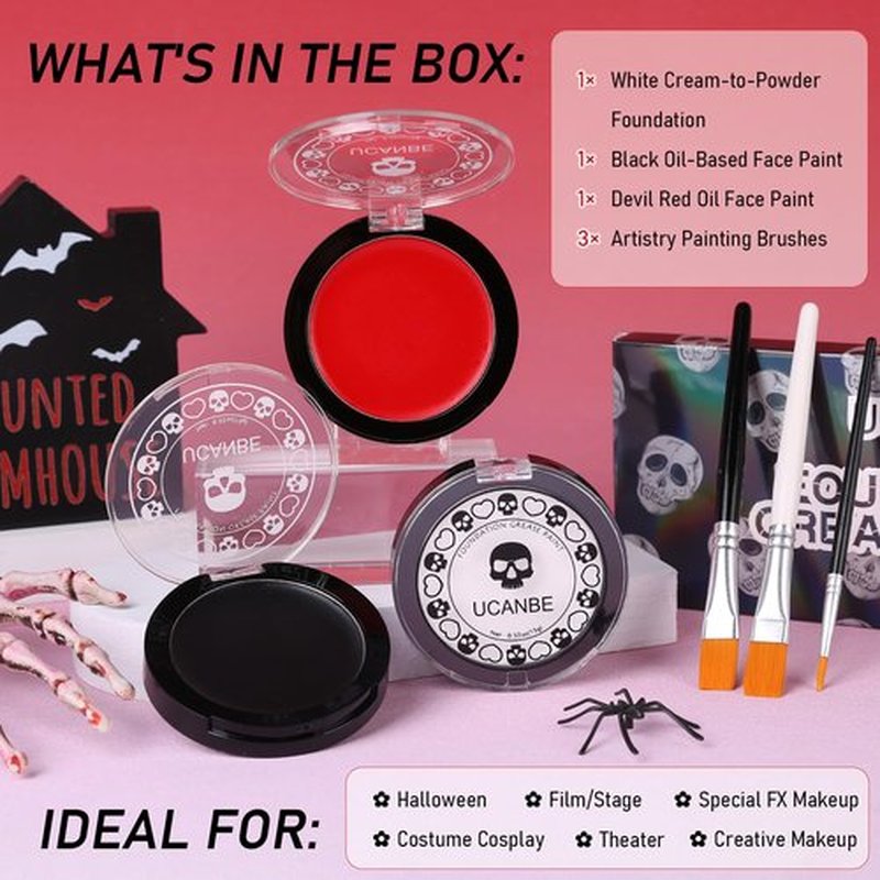 Goth White Foundation + Black Red Face Body Paint for Halloween Makeup, Face Painting Kit with Brushes Facepaint Set for Adults Clown Vampire Skull SFX Make Up Costume Cosplay Party Theater Stage
