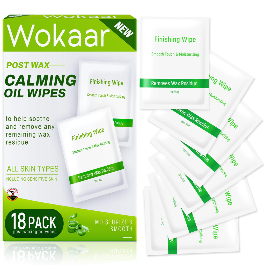 Wokaar Post Wax Aftercare Oil Wipes - Refill Pack with 18 Balm Wipes, Removes Wax Residue, After Wax Care for Face, Bikini,Legs Area