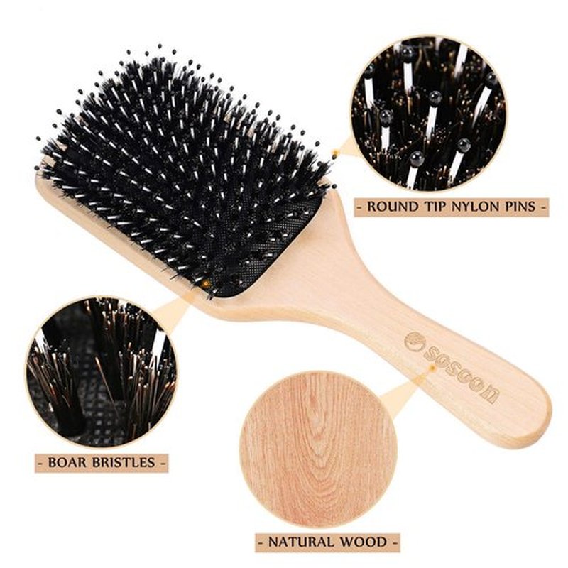 Sosoon Boar Bristle Paddle Hairbrush - Tangle-Free Design for All Hair Types | Gift Box & Tail Comb Included