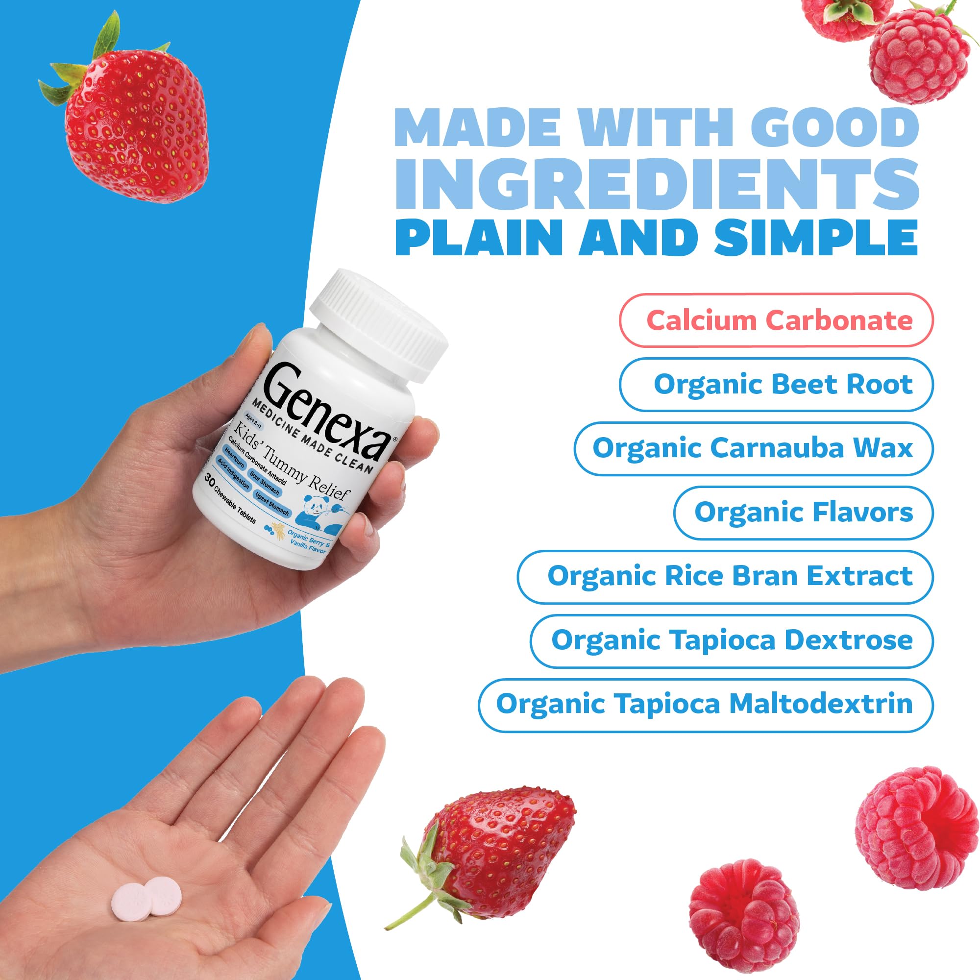 Genexa Kids' Clean Tummy Relief | Heartburn, Acid Indigestion & Sour Stomach Relief | Children's Calcium Carbonate | Dye Free, 0% Artificial Additives | Ages 2-11, Berry Flavor Chewable Tablets, 30ct