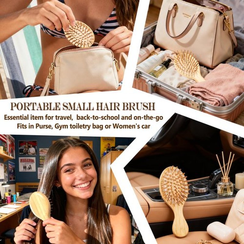 Mini Hair Brush, Travel Bamboo Bristle Detangle Hair Brush for Women - Small Portable Compact HairBrush for Girls Kids, Travel Size Brush for Purse, Car, Vacation, Traveling & Going out