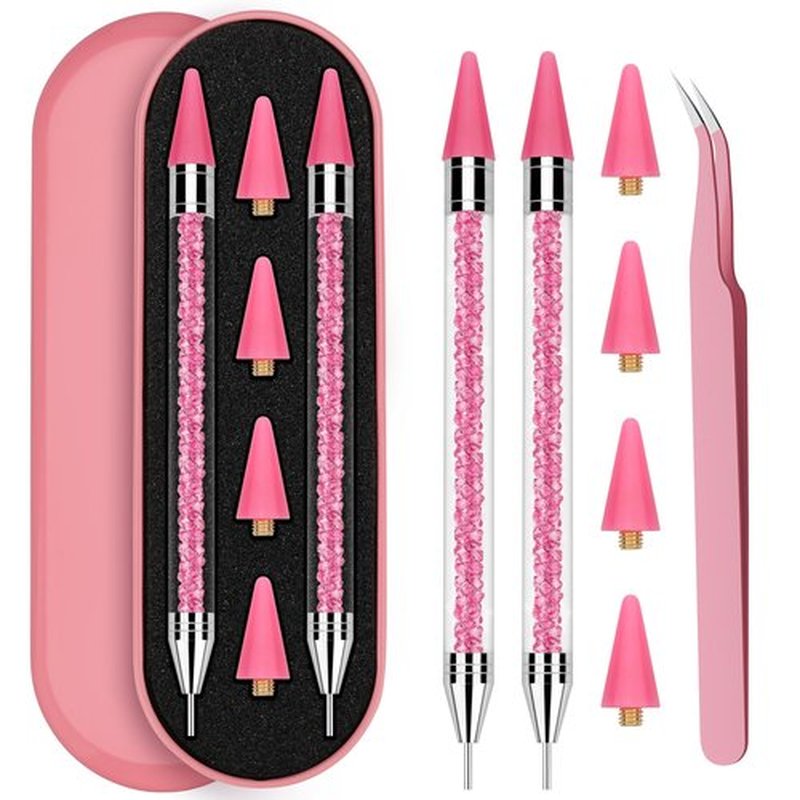 Rhinestone Picker Tool, 2 Rhinestone Applicator Tool Wax Pen Dual-Ended with 4PCS Replaceable Wax Tips and 1 Tweezer for DIY Nail Art Tool (Pink)