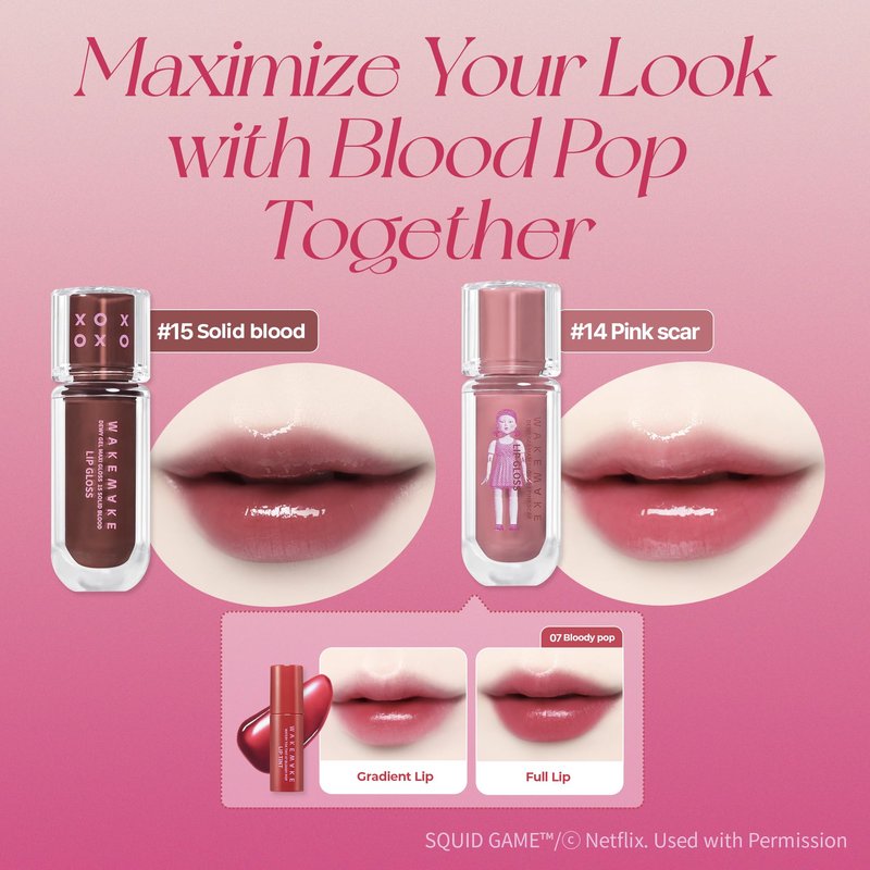 WAKEMAKE x NETFLIX SQUID GAME Dewy Gel Maxi Gloss 15 Solid Blood Set (+Watery Tok Tint Mini 7 Bloody Pop), lips, korean lip