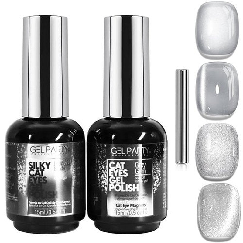 GELPARTY 2x15ml 9D Cat Eye Gel Polish Set – Magnetic Silver & Grey Diamond UV/LED Soak-Off Nail Gel, Multi-Dimensional Galaxy Effect, Long-Lasting, HEMA-Free Nail Polish for Salon & DIY Art