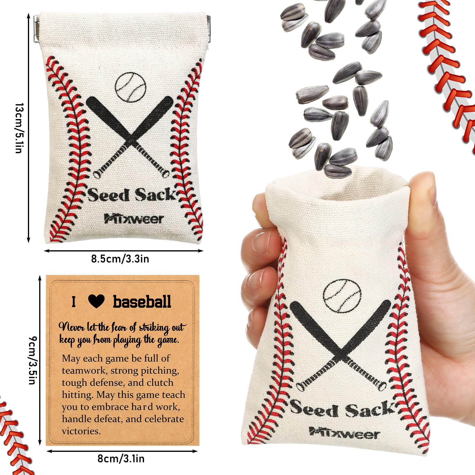 Mixweer 12 Sets Seed Pouch Bags with Message Gift Card Baseball Snack Bags Softball Seed Pouch for Players Team Gift for Field Team Party Favors(Beige,Baseball)