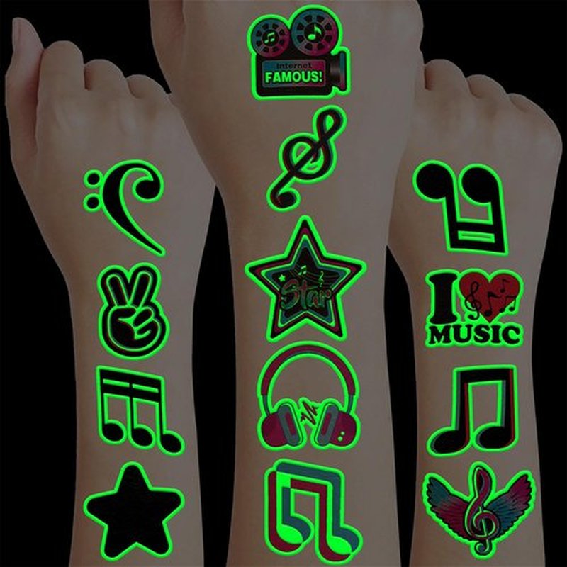 96PCS Music Note Notes Musical Pre-Cut Luminous Glow in the dark Temporary Tattoos for Kids Birthday Themed Party Supplies Decorations Favors Super Cute Instrument Tattoo Stickers Gifts for Girls Boys