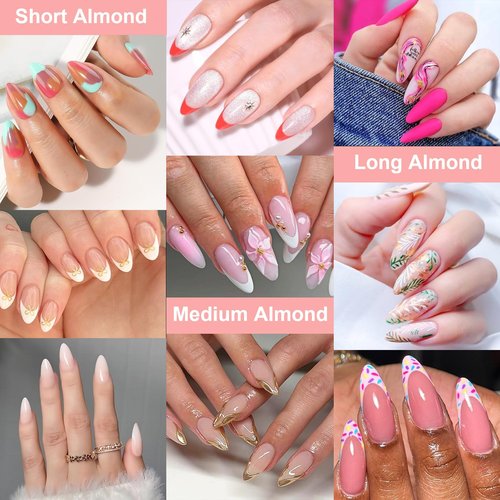Soft Gel Short/Medium/Long Almond Nail Tips Kit 3 Boxes 360Pcs, Full Cover Pre-etching Acrylic False Nails for Small and Flat Nail Bed Home Manicure Extension DIY Salon Clear Press On Nails, BlueZOO