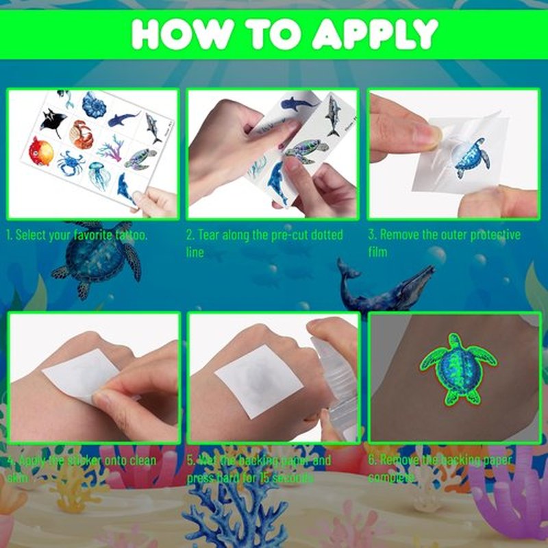 96 PCS Ocean Pre–Cut Luminous Temporary Tattoos Themed Birthday Party Decorations Favors Supplies Décor Glow In The Dark Shark Sea Turtle Tattoo Stickers Gifts For Game Boys Girls (Glow in the Dark)