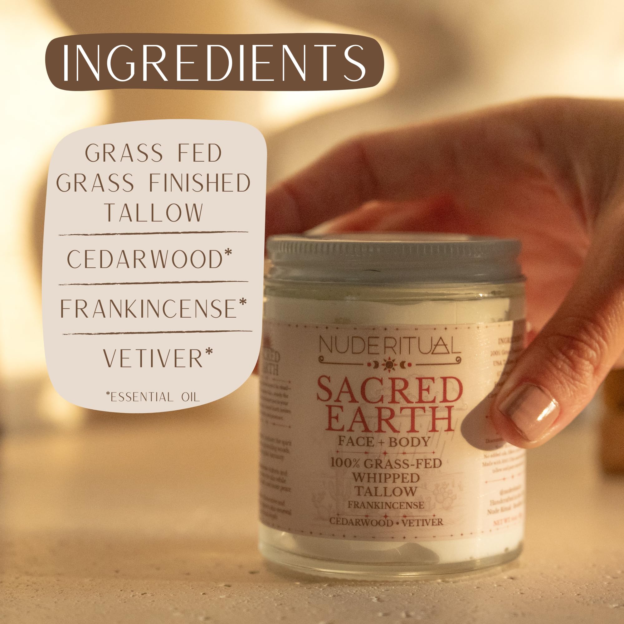 100% Grass-Fed Beef Tallow – Whipped Body Butter Moisturizer for Face & Body – USA Made Natural Lotion Alternative for Dry, Sensitive Skin – 4 oz (Sacred Earth – Cedarwood, Frankincense & Vetiver)