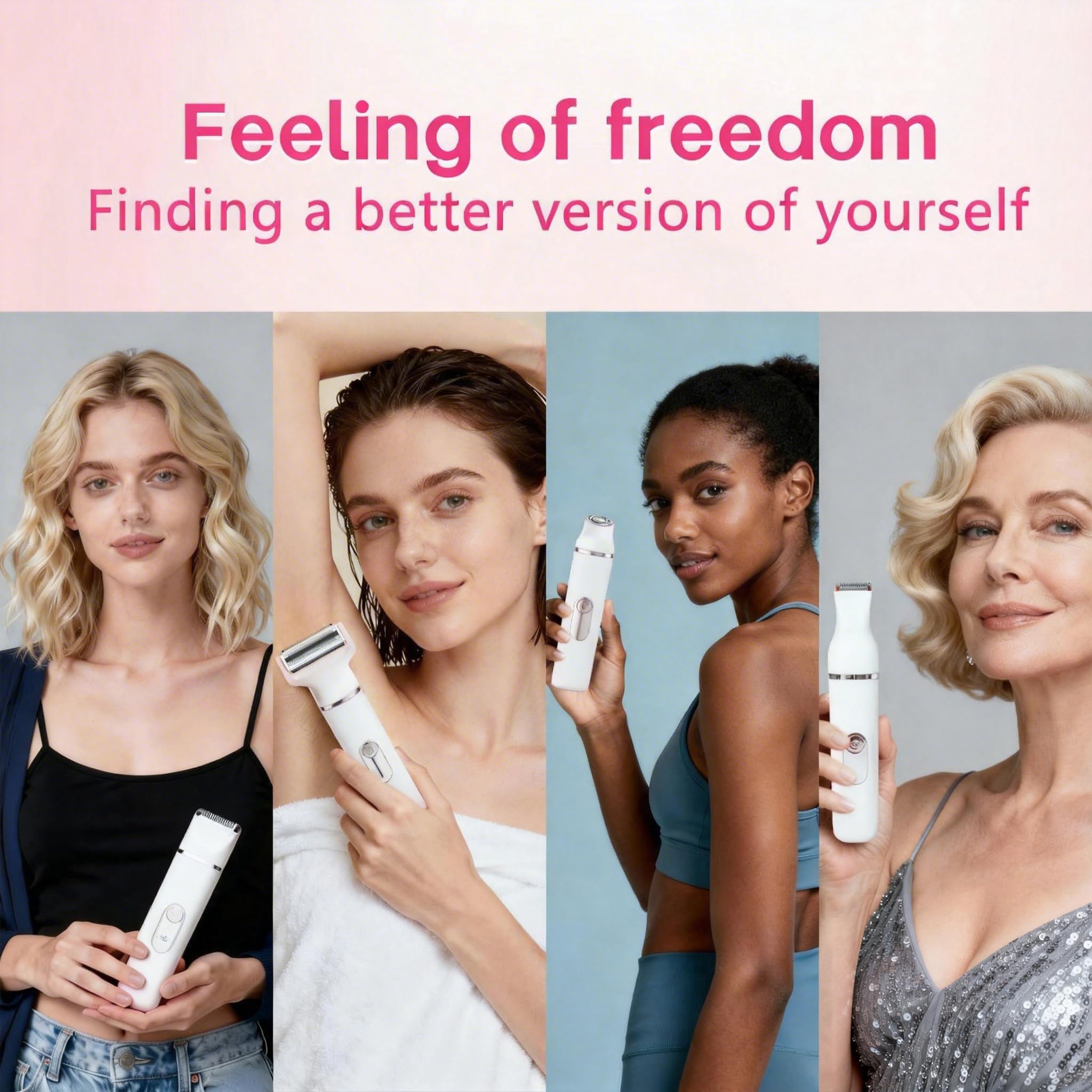 Bikini Trimmer for Women, 5-in-1 Electric Razor for Women, Painless Pubic Hair Trimmer & Body Shaver, IPX7 Waterproof Cordless Rechargeable Grooming Kit for Face, Leg, Underarm, Sensitive Skin, White