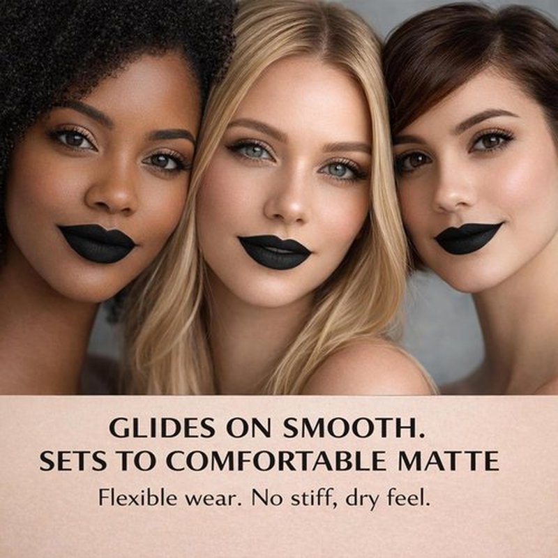 Mynena Jet Black Matte Liquid Lipstick - Long-Lasting, Waterproof, No Smudge Formula | All-Day Wear, Lightweight & Comfortable Finish