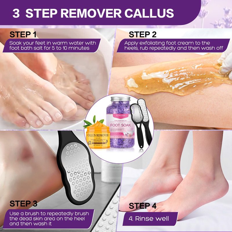 XIWEIOO Pack of 4 lavender Himalayan Pink FOOT SOAK SALT Kit Tea Tree OiFoot Callus Remover Gel Kit Foot Files Set Moisturize, Foot Odor cream spa massager Epsom Salt pedicure at home spa