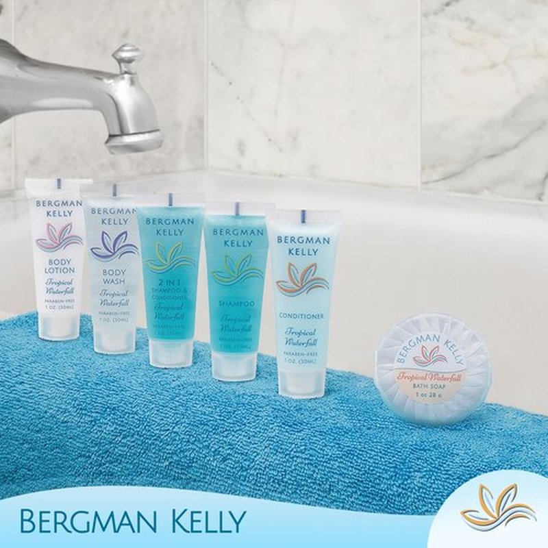 BERGMAN KELLY - Travel Size Hotel Shampoo - 1 fl oz, 200 PK, Tropical Waterfall - Delight Your Guests with Revitalizing & Refreshing Hair Cleanser for Guest Hospitality - Bulk Small Size Shampoo
