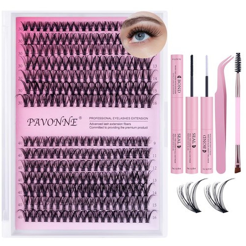 PAVONNE Lash Extension Kit DIY 280pcs Lash Clusters, 9-16mm 30D 40D Individual Lashes with Lash Bond and Seal, Lash Tweezers for Self Use (30D&40D, 0.07D, 9-16mm, Kit)