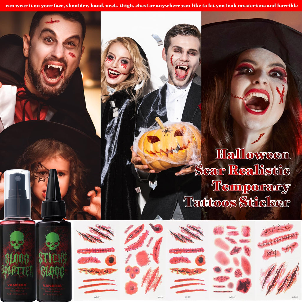 Vaneria Halloween Fake Blood Makeup Kit,Realistic Washable SFX Makeup with 50ml Blood Splatter, 50ml Sticky Blood, Sponge,4 Fake Scars & 4 Fluorescent Tattoo Stickers for Zombie, Vampire Cosplay