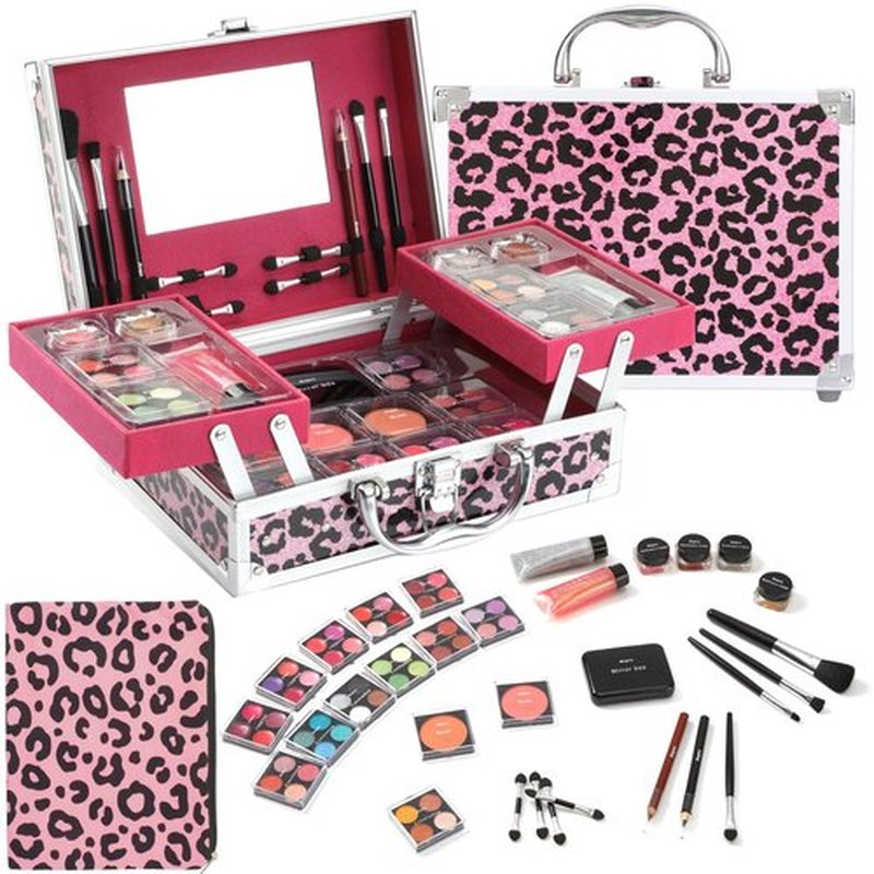 Anpro All-In-One Leopord Double Folding Makeup Kit with Case, Pro Teen Makeup Set, Full Starter Kit with Makeup Brushes, Lipsticks, Eyeshadow Palette, Blushes, Glitter Gel, Ideal Present for Girls