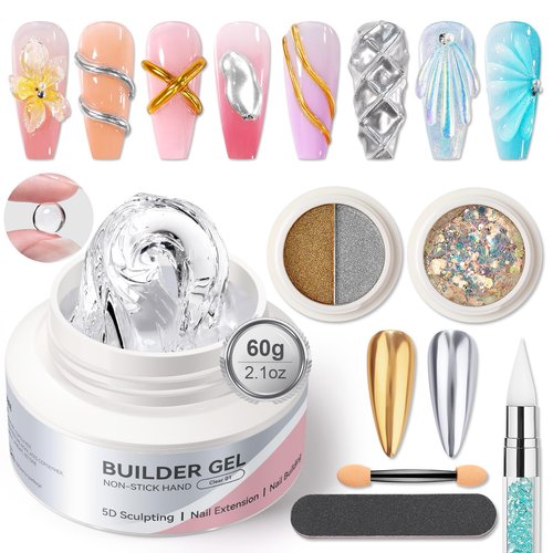 BORN PRETTY Solid Hard Builder Gel for Nails, 60g Large Capacity Professional 3D Sculpting & Extension Gel with Sequins & Chrome Powder, Non-Sticky Soak Off Formula for Home and Salon Nail Art