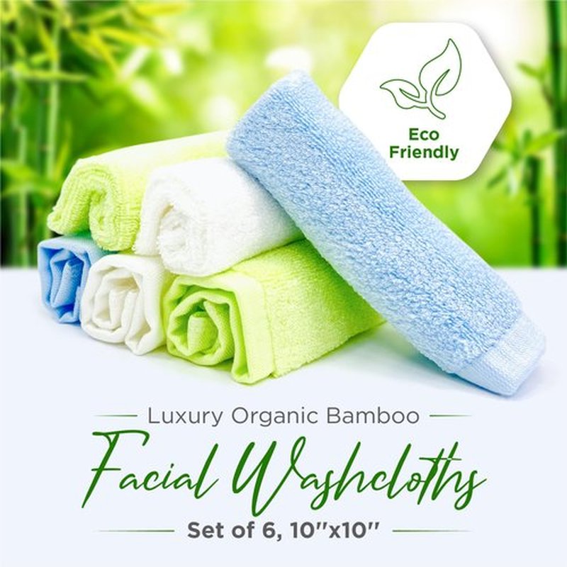 Ellie Cove Luxury Facial Washcloths, Made from 100 Percent Rayon Bamboo, Makeup Remover, Reusable Absorbent, Gentle for Delicate Sensitive Skin, Set of 6, 10"X10" (White-Green-Blue)