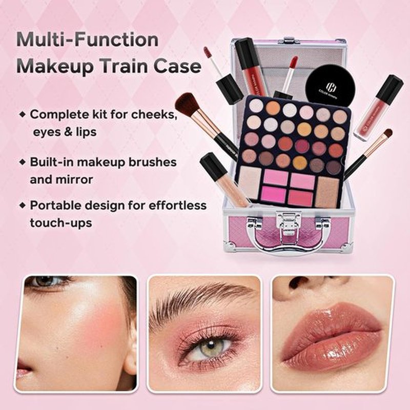 Color Nymph Beginner Makeup Kit - 24-Color Eyeshadow Palette, Blushes, Bronzer & Lipstick | Pink Cosmetic Train Case Included