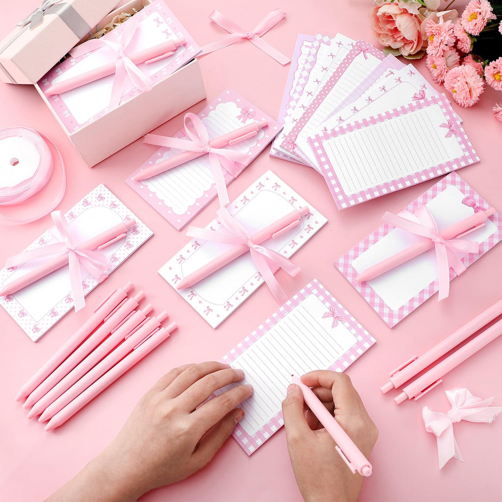Thenshop 48 Pcs Pink Bow Sticky Notes and Pens Set Pink Notes Preppy Aesthetic Self Stick Notepads Ballpoint Pens for Coquette Supplies Bow Party Favors