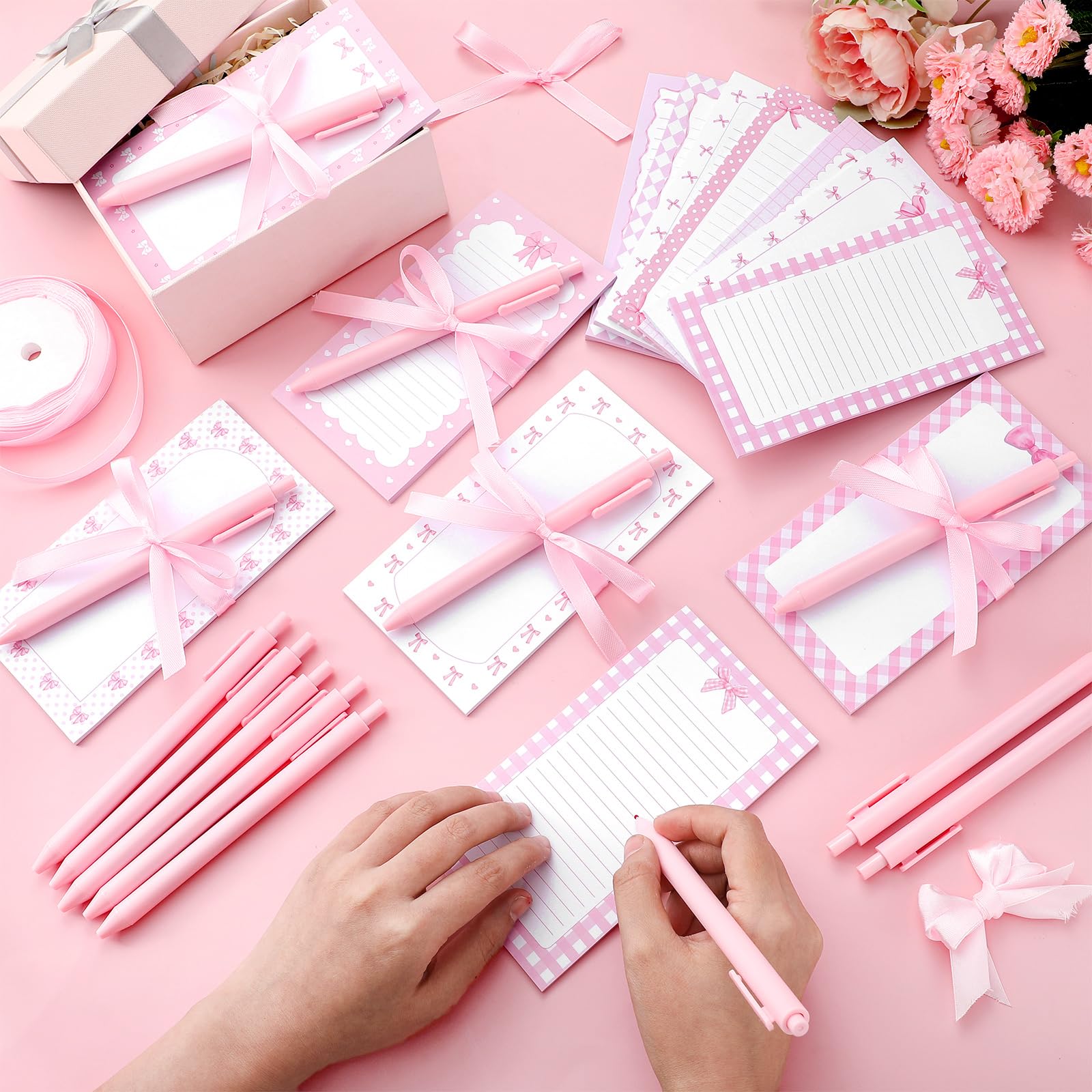 Thenshop 48 Pcs Pink Bow Sticky Notes and Pens Set Pink Notes Preppy Aesthetic Self Stick Notepads Ballpoint Pens for Coquette Supplies Bow Party Favors