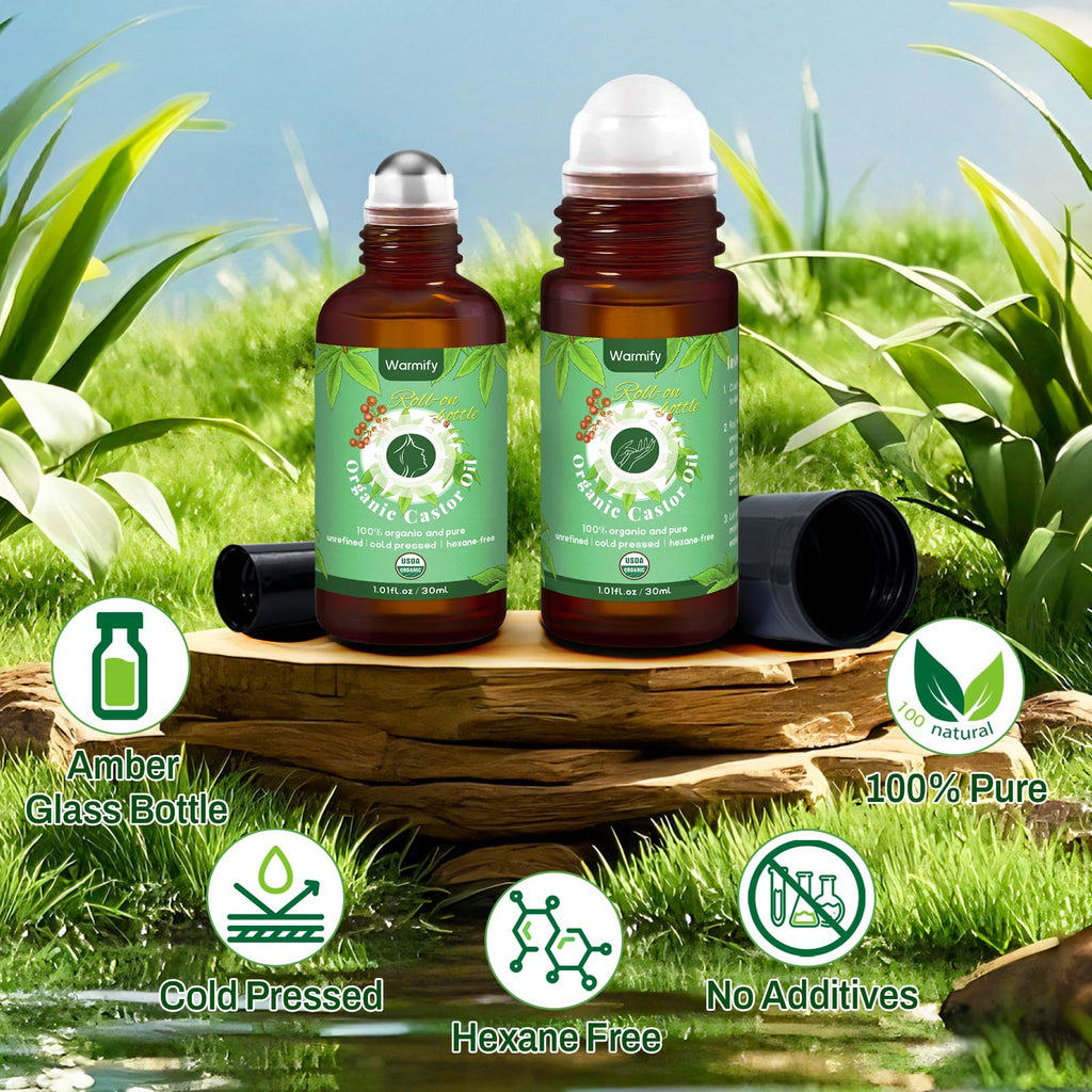 Warmify 2-in-1 Castor Oil Roll On for Face & Hands, Organic Cold Pressed, Hexane-Free, Unrefined Glass Bottle – Targeted Roller Balls for Eye, Lip, Skin, Nail & Cuticle Care – 2 x 1 fl.oz