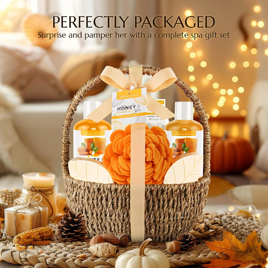 Bath Spa Gift Basket, Bath & Body Gift Set for Women & Men, Includes Shower Gel, Bubble Bath, Bath Salt, Bath Sponge, Spa Gift Box for Mother's Day, Birthday, Wedding, Honey & Almond 8pcs