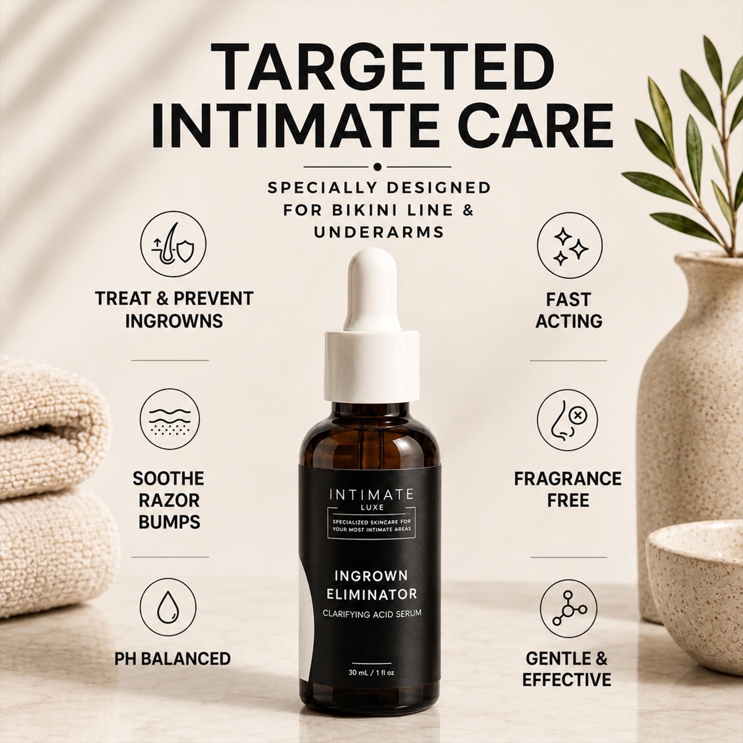 Intimate Luxe Ingrown Hair Treatment Serum – Razor Bump & Ingrown Eliminator for Bikini Line, Underarms & Body| Shave & Post Wax Care for Women & Men| Fragrance-Free with Lactic & Salicylic Acid –30ml