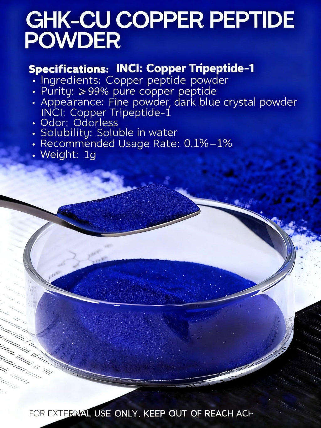99% GHK-Cu Copper Peptide Powder CAS 89030-95-5 ，HCl Form Cosmetic for DIY Skincare (1g/Bottle)