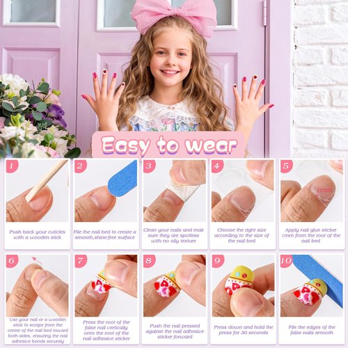 216Pcs Press on Nails for Girls 9 Styles 12 Sizes - Kids Fake Nails Kit for Ages 6-12, Short Acrylic Nails with Adhesive Tabs, Nail File Set for Girls Teens