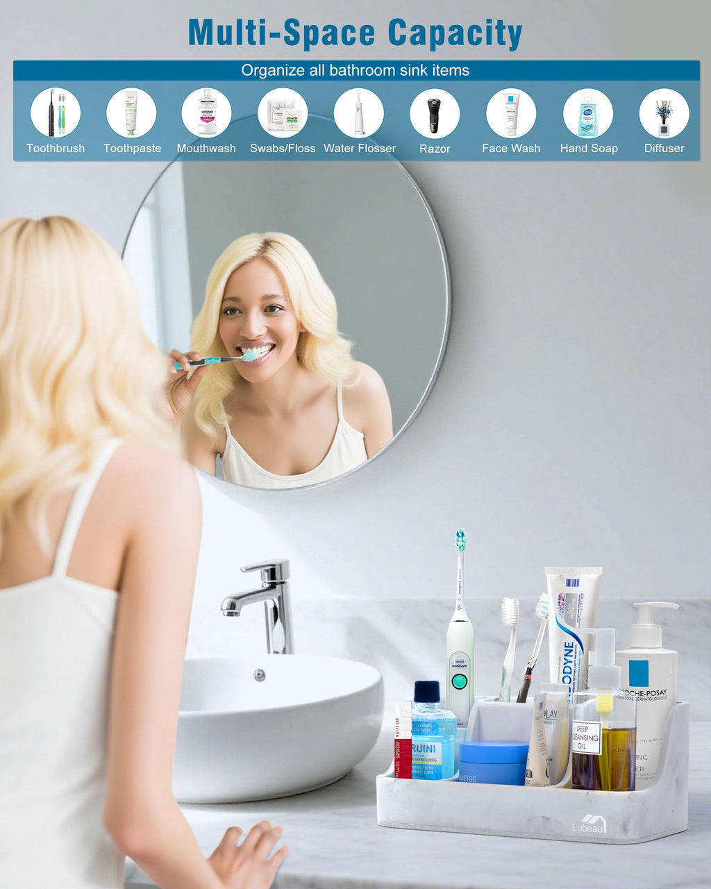Electric Toothbrush Holder with Instant-Dry & 6 Slots | Upgrade Heavy-Duty Large Countertop Organizer with Cable Holes, Fits Most Electric & Manual Toothbrushes (Marble White)