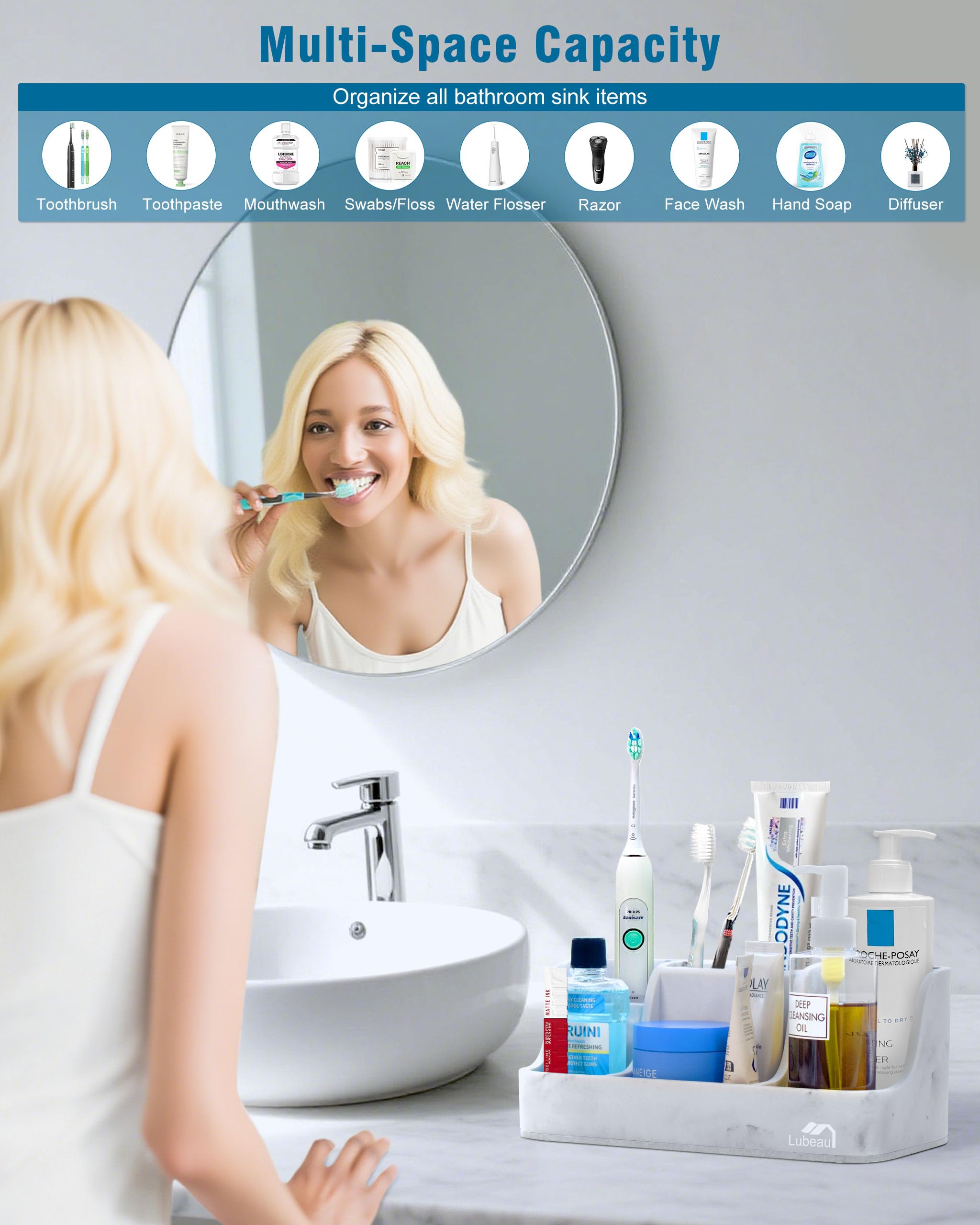 Electric Toothbrush Holder with Instant-Dry & 6 Slots | Upgrade Heavy-Duty Large Countertop Organizer with Cable Holes, Fits Most Electric & Manual Toothbrushes (Marble White)