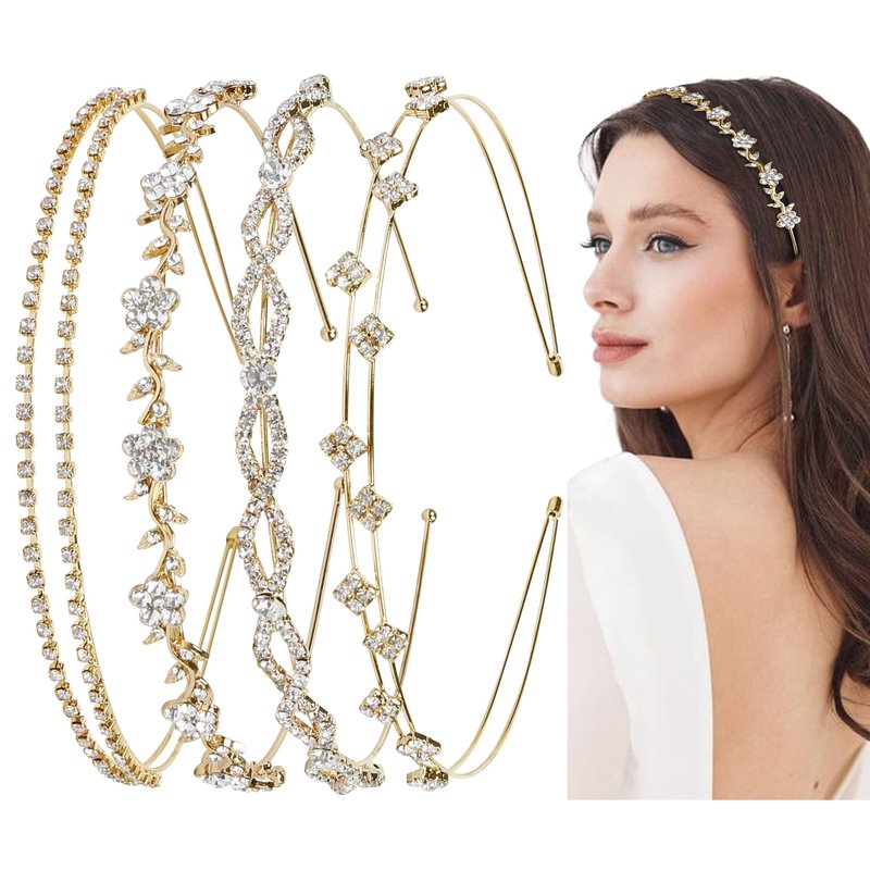 WOVOWOVO 4 Pcs Rhinestone Headbands for Women Gold Bridal Headband Crystal Flower Girl Headpiece Flower Leaf Tiara Crown Head Band Wedding Hair Accessories for Girls