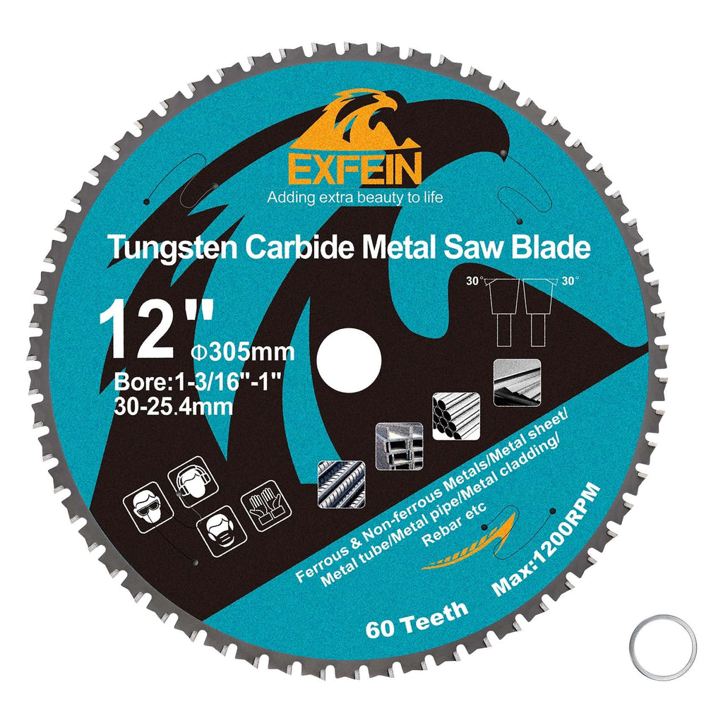12 Inch 60T Metal Circular Saw Blade - EXFEIN Tungsten Carbide Tipped Saw Blade Arbor 1-3/16" for Metal Sheet or Pipe, Angle Iron, Rebar, Ferrous Metals, Non-Ferrous Metals