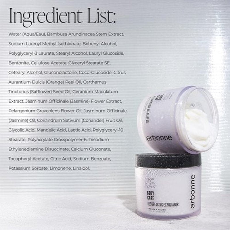BodyCare Resurfacing Exfoliator – Gentle Dual-Action AHA and Plant-Based Polish for Smoother, Brighter, Baby-Soft Skin, Even Complexion, Spa-Like Experience, by Arbonne.